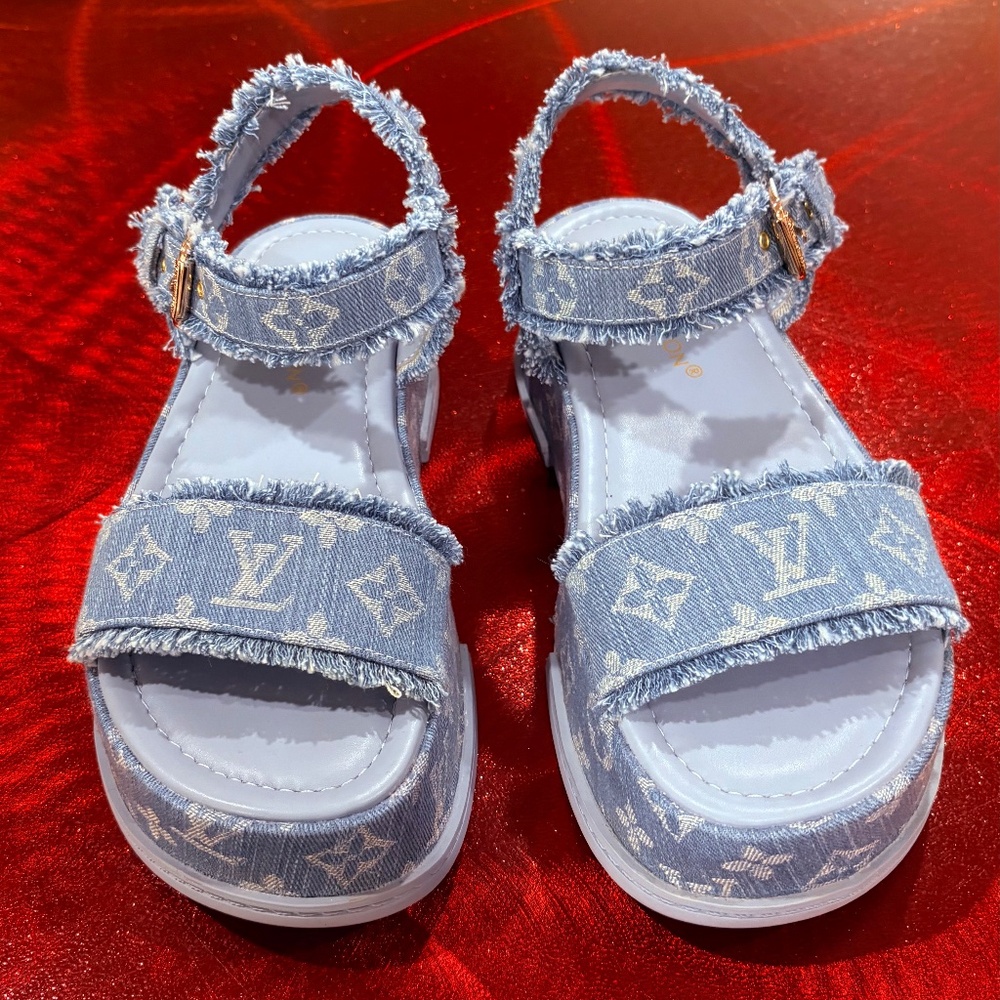 New w/o Tags Louis Vuitton Knockoff Blue Denim wedge Sandals